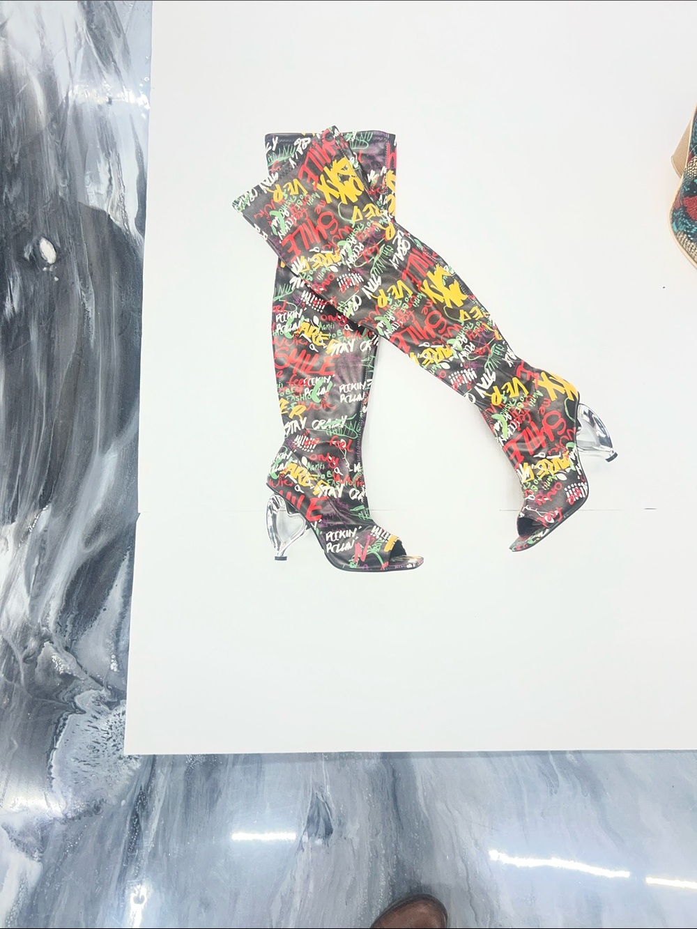 Graffiti-Print Over-the-Knee Boots - Multicolor
